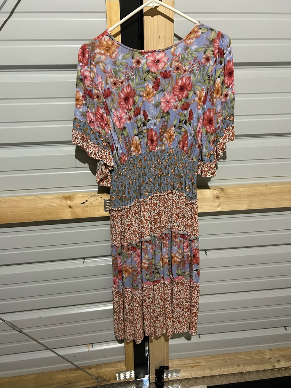 Umgee Floral Patchwork Boho Midi Dress Bell Sleeve Blue Rust S Cottagecore - Picture 5 of 7